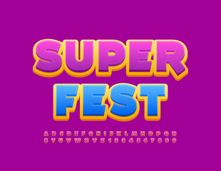 Fototapeta na wymiar Vector event poster Super Fest with funny Purple and Yellow Font. Playful Alphabet Letters and Numbers for Kids