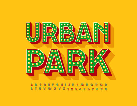 Vector trendy poster Urban Park with retro style lightbulb Alphabet Letters and Numbers set. Elegant electric Font