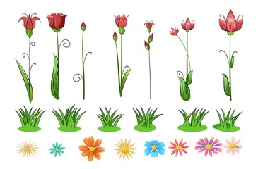 Obraz premium Blooming meadow with grass and flowers. Set of objects. Cartoon style. Romantic fabulous illustration. Isolated on white background. Beautiful natural view. Wild plant nature. Vector