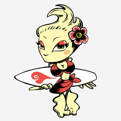Surfer girl mascot holding her surfboard behind her back. Girl surfer concept of a surf club.