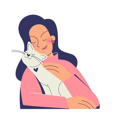 Man and animal.  Happy woman and beloved cat.  The man hugs the cat.  Vector illustration in a flat style.