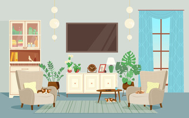 Living room interior. Cozy place to read or watch TV. Set of vector furniture and flowers. Flat plane style.  Graphic design template.