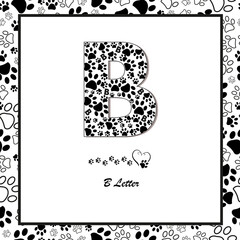 Made of paw print B letter. Black and white paw prints seamless fabric textile design pattern frame.