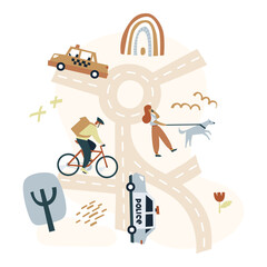 People walk around the city or village. Cartoon map kids nursery poster print isolated on white background. Vector illustration