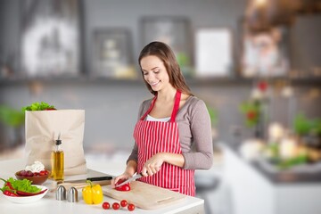 Happy optimistic lady at kitchen alone