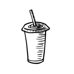 Take away drink sketch icon. Soda cup with a tube