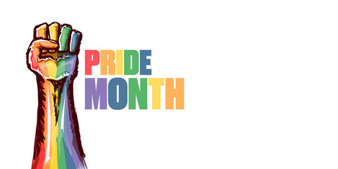 Happy pride month horizontal banner with Rised LGBT fist colored in lgbt flag isolated on white background. LGBT Pride month or pride day poster design template. Fight for your LGBT rights concept