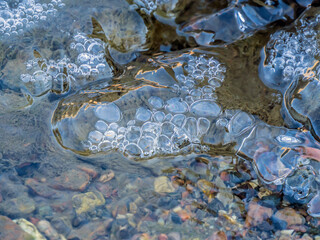 Close-up of ice on a cold November morning starting to form on the surface of the water in a creek with air bubbles frozen in the ice.