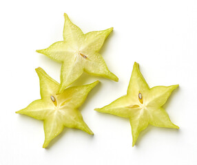 Three slices of fresh ripe carambola or star fruit