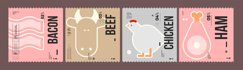 Bacon, beef, chicken, ham. Farmer's products. A set of vector labels in a modern, minimalist style. Geometric icons and elements.