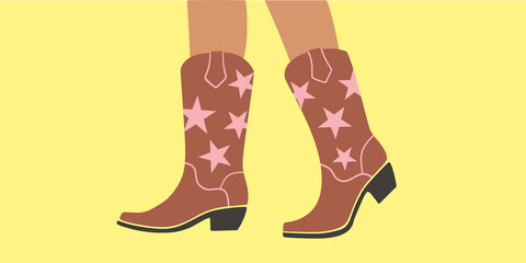 Western cowboy boots, shoe, footwear. Woman, female, girls shoes. Classic shoes. High-cut cowboy boot. Feet, legs walking in women leather boots with heel. Colorful Isolated flat vector illustration 