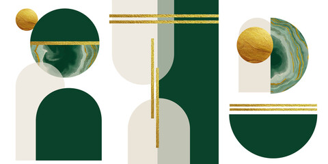 Abstract minimalist wall art in beige, green, gold colors. Simple line style. Gold geometric...