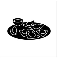 Wonton glyph icon. Boiled or deep fried triangle Chinese dumplings with meat or seafood stuffing.Traditional and tasty winter Asian food.Filled flat sign. Isolated silhouette vector illustration