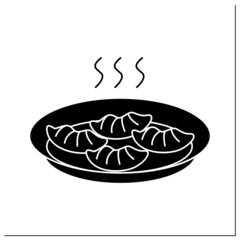 Dim sum glyph icon. Tasty steaming hot Chinese dim sum dumplings or baozi steamed buns plate. Traditional Asian cuisine recipe and cookbook illustration. Isolated silhouette vector illustration