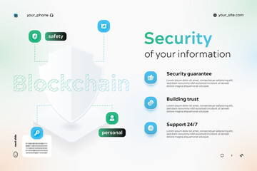 Blockchain work. Landing page with shield and surrounded by icons. Blockchain technology concept. Isometric vector illustration for cryptocurrency project advertising, presentation, website.