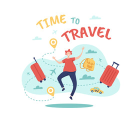 Time to travel concept. Happy man jumping and rejoicing that vacation began. Card with inscription