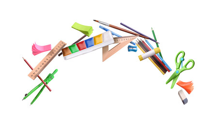 school supplies in flight on a white background
