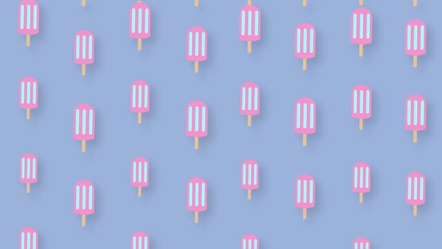 Colorful pattern of popsicles on pastel blue background with shadows. Seamless pattern with ice cream. Top view. Summer concept. 4K video motion