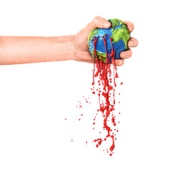 Human influence on the environment concept. The strong hand of a young man strangles the planet...
