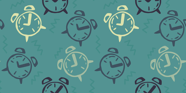 seamless pattern with alarm clocks in trendy colors. texture grunge background. Vector illustration