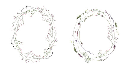 Watercolor Midsummer invitations frames with hand painted delicate leaves, pink flowers. Romantic wild flowers frames perfect for wedding greeting cards, invitation. High quality photo