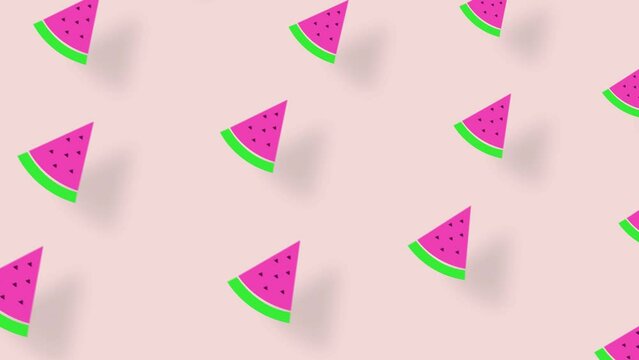 Colorful pattern of watermelon slices on pink background with shadows. Seamless pattern with watermelon slices. Top view. Summer concept. 4K video motion