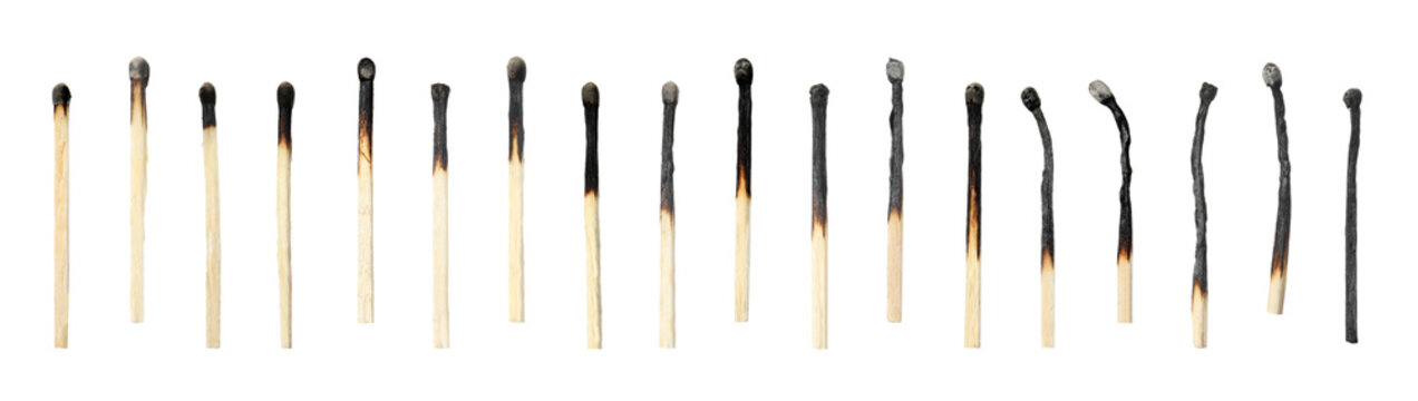 Set with burnt matches on white background. Banner design