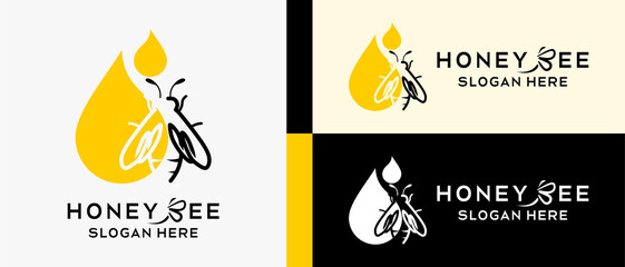 honey bee logo design template with creative concept, honey drop and bee elements in line art. premium vector logo illustration