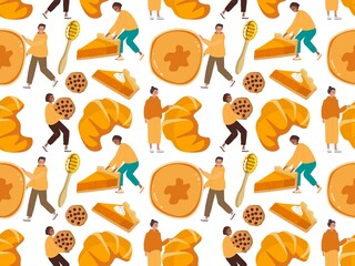 Seamless pattern with Tiny Characters Presenting Homemade pastries. People carrying pancakes, croissant, cookies, pie. Repeated Vector Template for wallpaper, wrapping, packing, packaging.