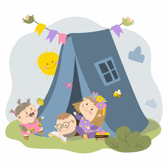 Happy kids on a summer camping trip. It's daytime outside, the sun is shining and butterflies and birds are flying. Children are sitting near the tent. Vector illustration in cartoon style. For print