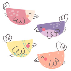 Collection of cute birds in doodle style. Vector children's illustration, fashionable birds for prints, covers, postcards.