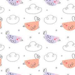 Vector hand drawn colorful childish seamless repeat pattern with cute birds and clouds on white background. Trendy childish texture for fabric, wrapping, clothing, textile.