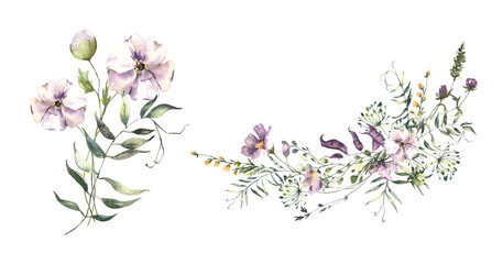 Watercolor Midsummer bouquets collection with hand painted delicate leaves, flowers. Romantic floral arrangements perfect for wedding greeting cards, invitation. High quality illustration