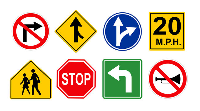 Set with different road signs on white background