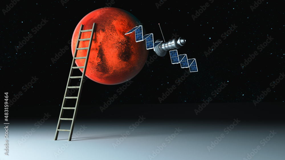 Wall mural ladder to the planet mars (3d rendering,this image elements furnished by nasa)