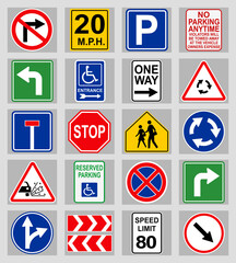 Set with different road signs on light grey background