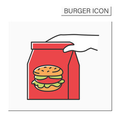 Courier delivery color icon. Fast delivery hand by hand. Tasty burger in paper bag.Fast food concept. Isolated vector illustration