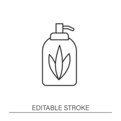 Soap dispenser line icon. Ceramic liquid soap for hand disinfection. Reusable bottle with reusable linear pictogram. Zero waste concept. Isolated vector illustration. Editable stroke