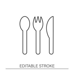  Kitchen tool line icon. Bamboo cutlery. Reusable knife, fork and spoon. Recycling. Ecology. Zero waste concept. Isolated vector illustration. Editable stroke