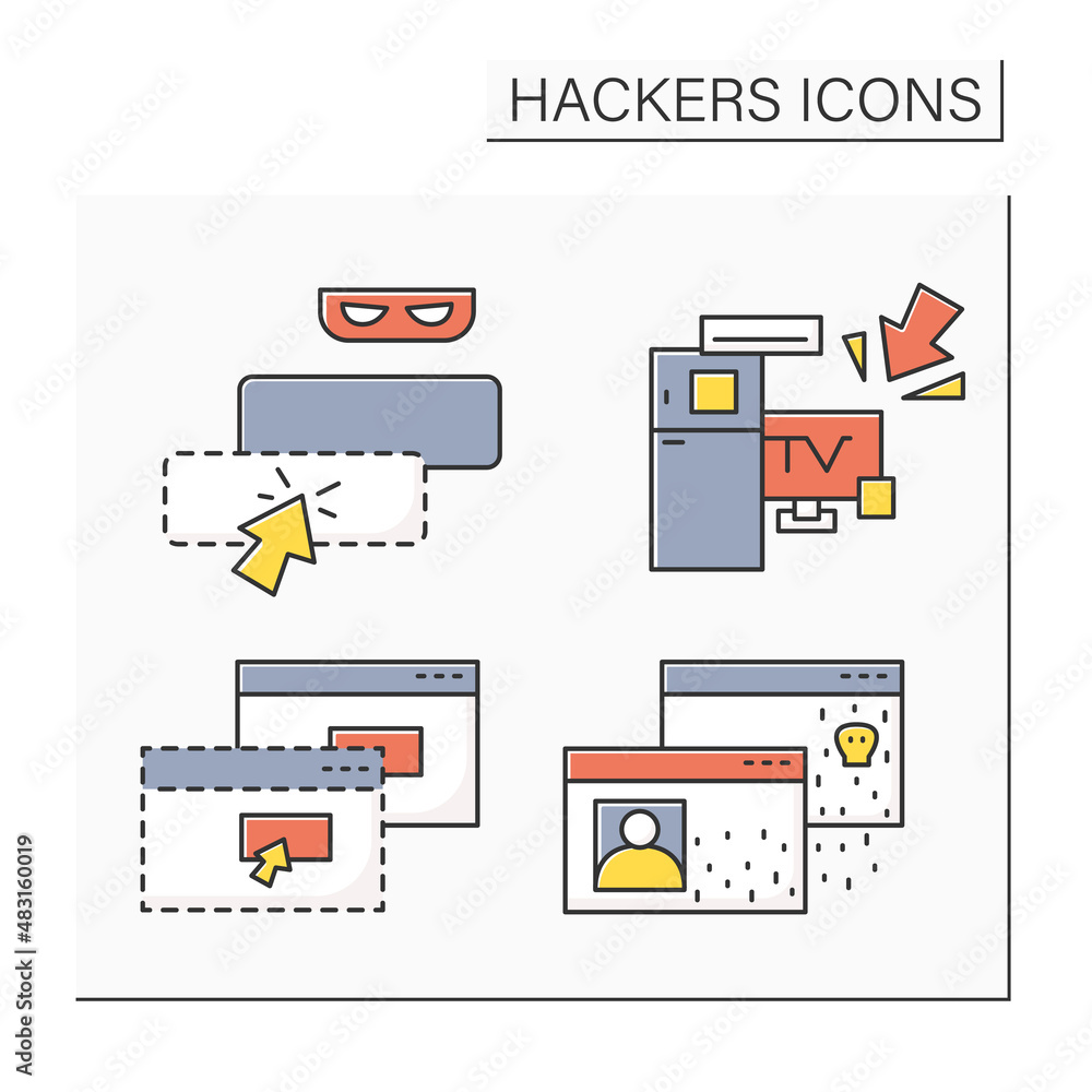 Poster hackers color icons set. site fraud, malicious webpage, personal data.concept of personal data and a