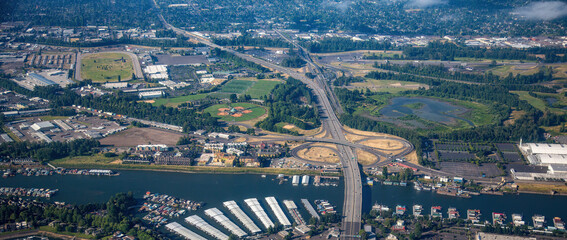 Columbia River, Hayden Island and Interstate highway I5, Portland, Oregon