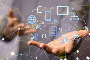 abstract lines with dots over dark background.