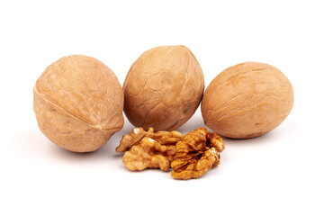 Walnuts in shells isolated on white background. Package design element with clipping path.