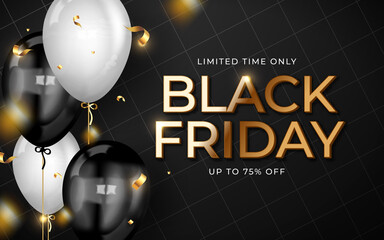 Black friday sale banner with realistic balloons and confetti