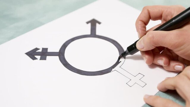 A woman draws a symbol of gender equality.