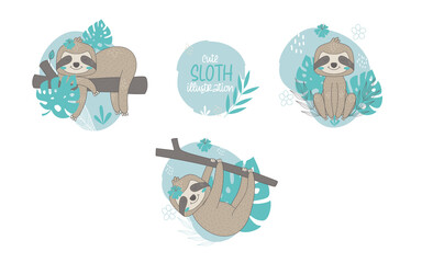 Collection of cute sloths cartoon animals. Vector illustration.