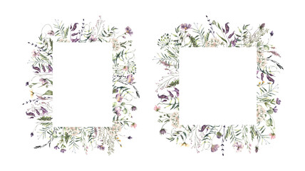 Watercolor Midsummer invitations frames with hand painted delicate leaves, pink flowers. Romantic wild flowers frames perfect for wedding greeting cards, invitation. High quality photo