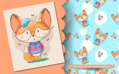 cute fox illustration and seamless pattern
