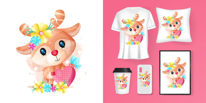 cute deer with heart cartoon and merchandising