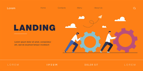 Teamwork of tiny people with gears and cogwheels. Team of partners working on upgrade, repair, improving skills and client service flat vector illustration. Business organization, cooperation concept